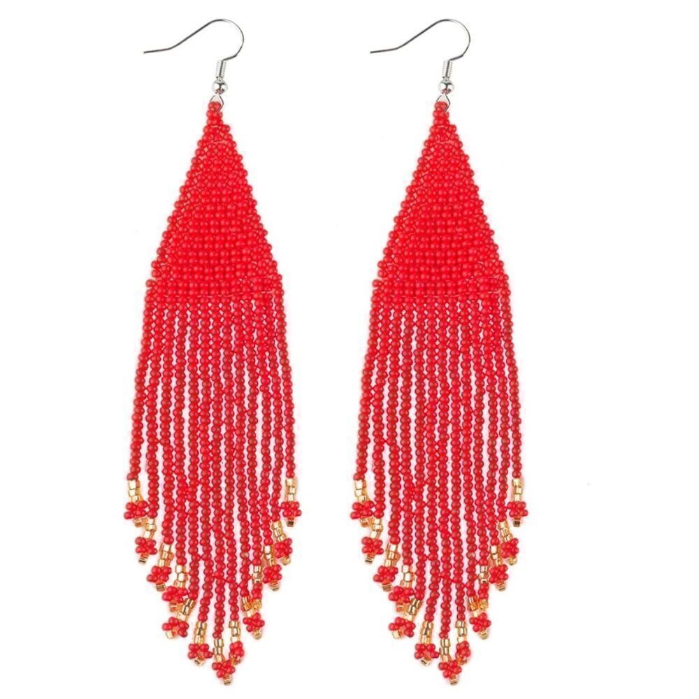 Red Bohemian Seed Bead Tassel Dangling Statement French Wire Hook Earrings